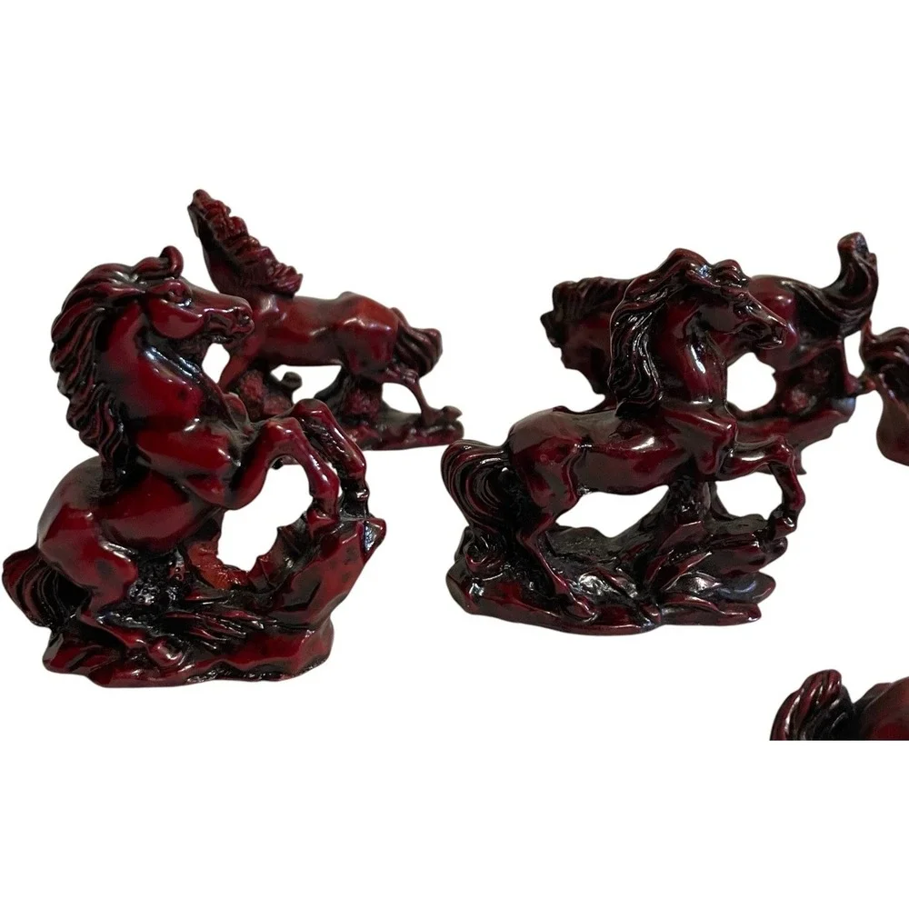 VTG Galloping Horse Figurine Set Home Decor Small Burgundy Red Cinnabar Style